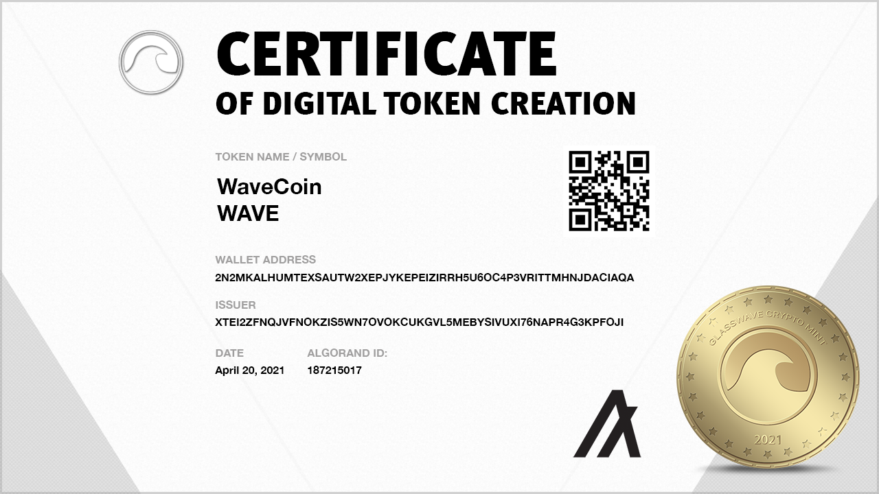 WaveCoin Crypto Creation Certificate from GlassWave